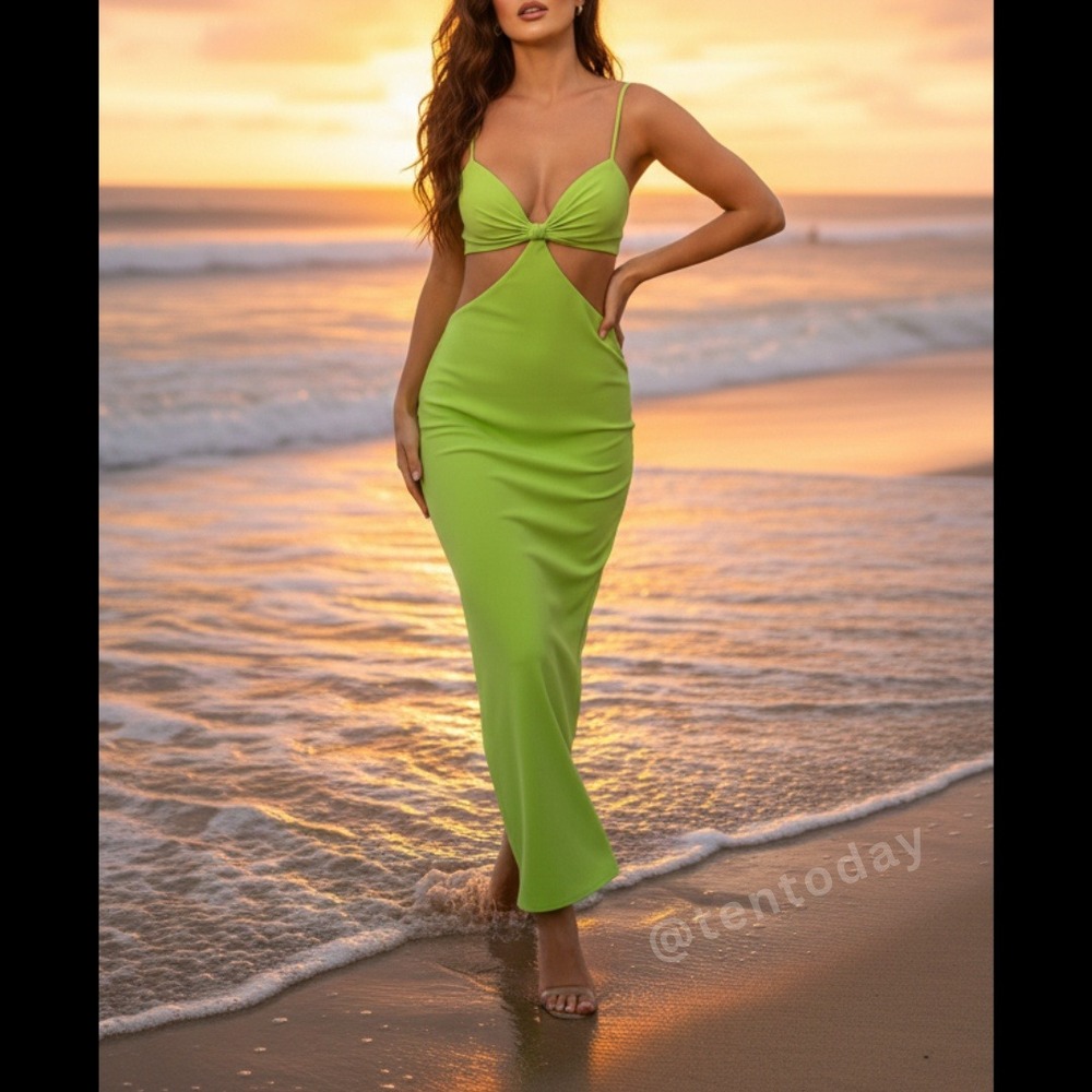 $398 Mac Duggal Size 0 Bright Lime Neon Green Cutout Twist Open Back Maxi Dress